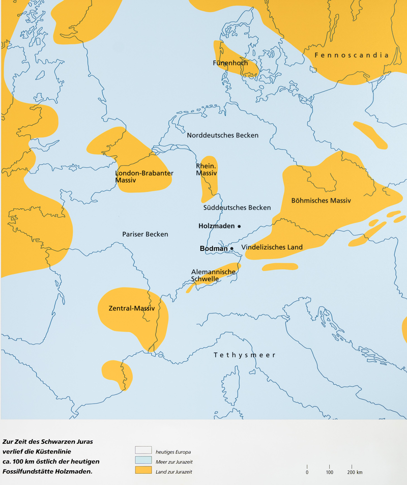 Verteilung von Land und Meer in Europa zur Jurazeit.
