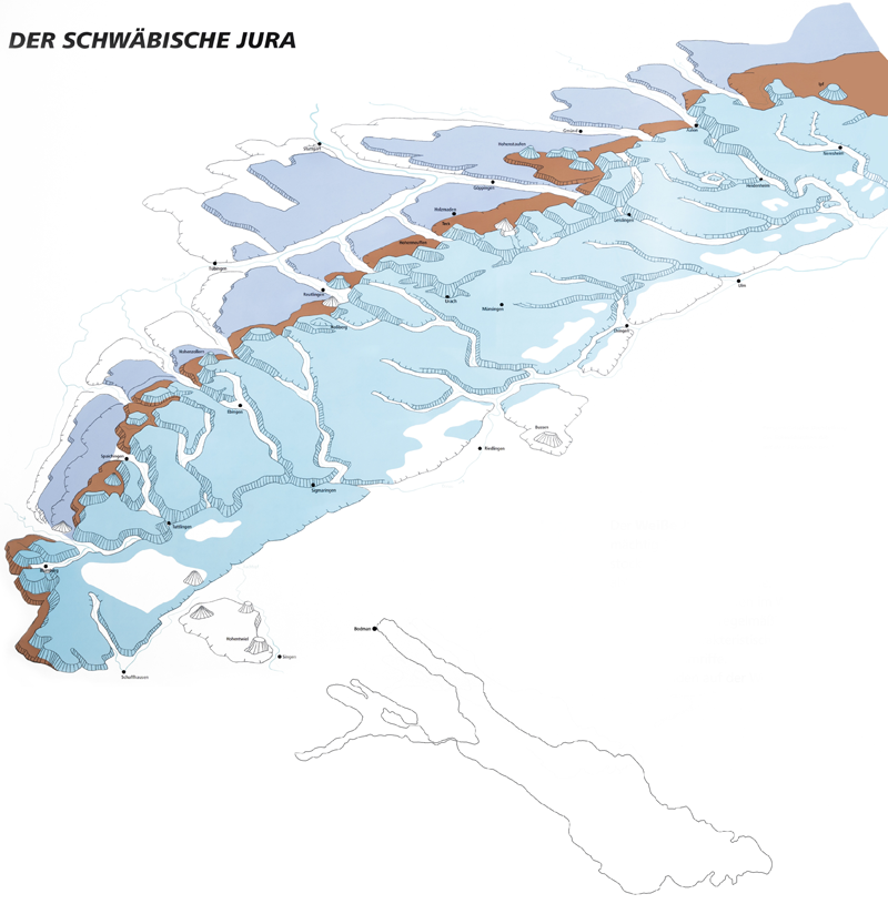 Perspektivische Darstellung der Schwäbischen Alb mit den Schichten des Juras (nach Prof. G. Wagner). Zur Orientierung ist der Bodensee mit dem Ort Bodman in der Größe aber nicht perspektivisch angepasst.